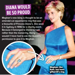  ??  ?? Meghan, like Kate, has been gifted Di’s ring.