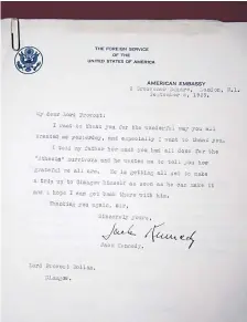 ?? PA. ?? A letter from John F Kennedy to Lord Provost Patrick Dollan, with whom he is pictured.
