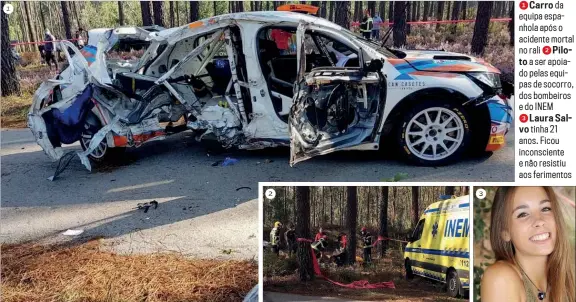  ??  ?? 1 Carro da equipa espanhola após o acidente mortal no rali 2 Piloto a ser apoiado pelas equipas de socorro, dos bombeiros e do INEM
3 Laura Salvo tinha 21 anos. Ficou inconscien­te e não resistiu aos ferimentos