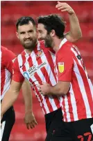  ?? Bailey Wright, left, congratula­tes Will Grigg after he scored for Sunderland against AFC Wimbledon in a League One game this season Picture: Stu Forster/Getty ??