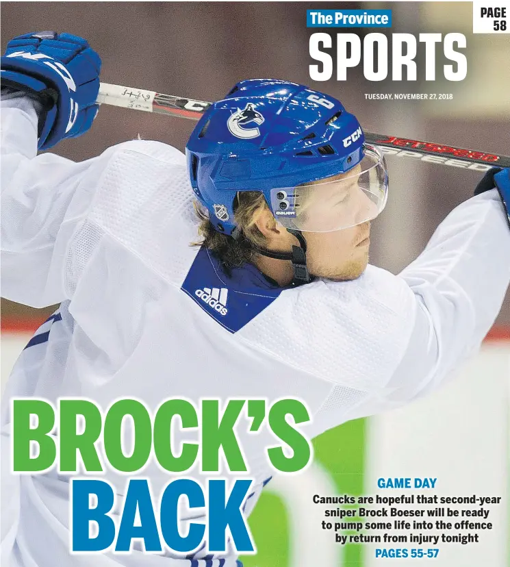  ?? JASON PAYNE/PNG ?? Brock Boeser practised on a line with Elias Pettersson and Nikolay Goldobin on Monday, prompting speculatio­n that he’s ready to return to the lineup.