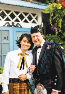  ??  ?? For their wedding, Sam Shan (left) infused a Burmese longyi with plaid, and William Miller wore a kilt.