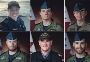  ?? FACEBOOK/DEPARTMENT OF NATIONAL DEFENCE ?? Clockwise, from top left: Sub-Lt. Abbigail Cowbrough, Capt. Kevin Hagen, Master Cpl. Matthew Cousins, Capt. Maxime Miron-Morin, Sub-Lt. Matthew Pyke and Capt. Brenden Ian MacDonald.