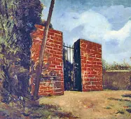  ??  ?? Dall’alto «Il cancello rosso. Pilastri rossi» , 1930,«Il Cavaliere rosso, Cavallo e cavaliere», 1913, «Estate», 1930, part.