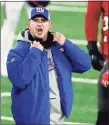  ?? Adam Hunger / Associated Press ?? Giants coach Joe Judge yells at the officials following the conclusion of Monday night’s loss to the Buccaneers.