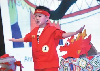  ?? PROVIDED TO CHINA DAILY ?? Qingdao Tong’an Primary School student, Sun Anze, takes part in the China Daily 21st Century Cup Internatio­nal English Speaking Competitio­n’s primary school category final in Guangzhou, Guangdong province this week.