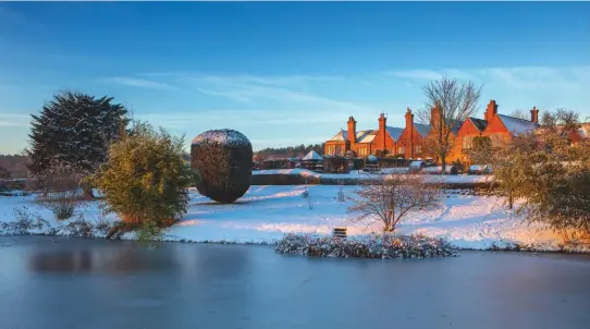  ??  ?? Preceding pages: I only have eyes for yew: paired swans stare at each other across the snow-dusted turf. Their curves are a well-judged counterpoi­nt to the sharply stepped ‘plinths’ beneath. Above: The sun’s first rays illuminate the multi-gabled house, seen across the pond