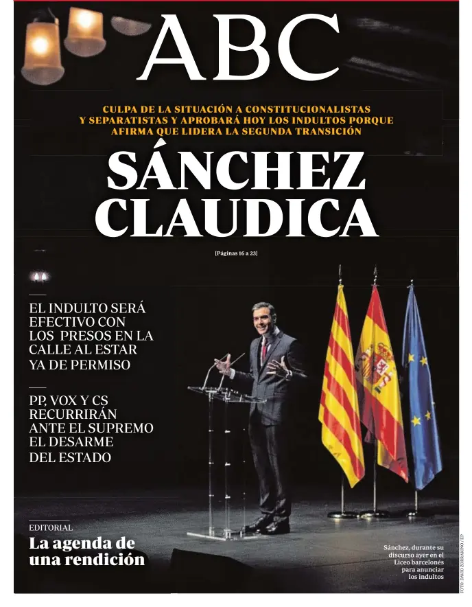  ??  ?? Sánchez, durante su discurso ayer en el Liceo barcelonés para anunciar los indultos