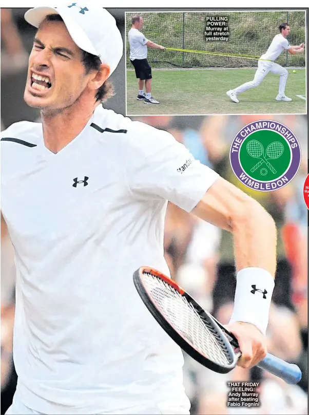  ??  ?? PULLING POWER: Murray at full stretch yesterday THAT FRIDAY FEELING: Andy Murray after beating Fabio Fognini