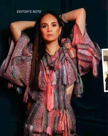  ??  ?? Rep Lucy Torres-Gomez in a fringed top and skirt by Rajo Laurel and earrings and bracelets by Riqueza jewellery, photograph­ed by Patrick Diokno; (inset) With Lucy in New York (2017), and Richard Gomez, Noel Manapat, Ben Chan, Thea Robles, Mons Romulo