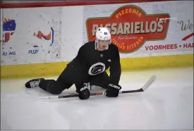  ?? SUBMITTED PHOTO – ZACK HILL ?? Flyers forward Joel Farabee attempts to get more of those three-month-old kinks out while social distancing Monday on the Skate Zone ice.