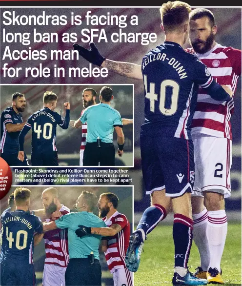  ??  ?? Flashpoint: Skondras and Keillor-Dunn come together before (above) debut referee Duncan steps in to calm matters and (below) rival players have to be kept apart