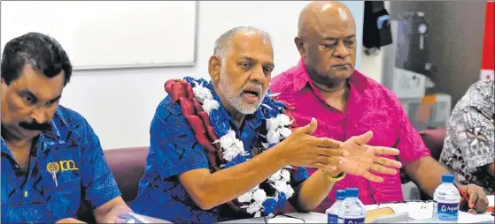  ?? Picture: JONA KONATACI ?? Fiji Trades Union Congress general secretary Felix Anthony and Minister for Employment, Productivi­ty and Industrial Relations Agni Deo Singh during the meeting yesterday.