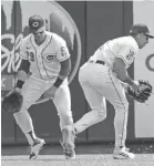  ?? ?? Reds LF Spencer Steer fields a line drive by Twins’ Andrew Stevenson at Great American Ball Park on Wednesday.