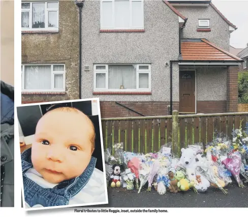  ??  ?? Floral tributes to little Reggie, inset, outside the family home.