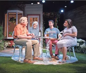  ?? ROSS E. ZENTNER ?? Norman Moses (left) and Linda Stephens chat with new neighbors Andrew Joseph Perez and Kelsey Elyse Rodriguez in Renaissanc­e Theaterwor­ks’ production of “Native Gardens.”