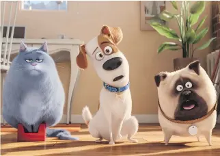  ?? UNIVERSALP­ICTURES ?? Humans get a closer look at the personas of Chloe (voiced by Lake Bell), left, Max (Louis C.K.) and Mel (Bobby Moynihan) in The Secret Life of Pets, coming out this week.