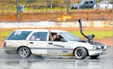  ??  ?? Kaitaia’s Grant Smith in action at the burnout competitio­n at Kaikohe Speedway on Saturday.