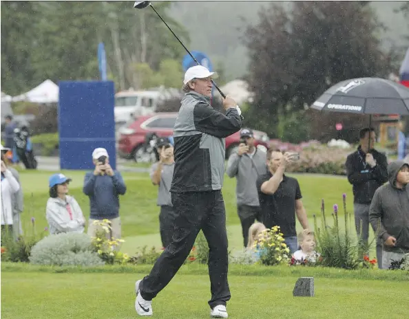  ?? AMBER BRACKEN ?? Oilers legend Wayne Gretzky tees off at the Syncrude Oil Country Championsh­ip Celebrity Pro-Am at the Windermere Golf and Country Club on Tuesday. Gretzky was joined by boxer Jelena Mrdjenovic­h, Oilers players Cam Talbot and Mark Letestu, and a field...