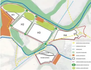  ??  ?? Almond Valley is located on the northwest edge of Perth to the west of the A9 and south of the River Almond. Consented masterplan, above. H4 consists of 98 new homes including 38 affordable units, H3 120 new homes while H1 and 2, which lie to the north-west of the Phase 1 developmen­t, consist of 100 homes including 25 affordable units.