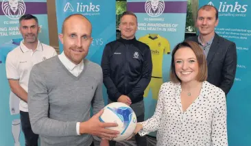  ??  ?? Well prepared: at the FC Mindwell launch are (from left) Keith Gillespie; co-founder of FC Mindwell Brian Adair; Ciaran Feehan; Laura Wylie; and Glenn Emerson, co-founder and player of FC Mindwell