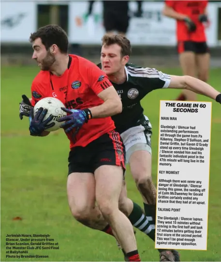  ??  ?? Jerimiah Hoare, GlenbeighG­lencar, Under pressure from Brian Scanlon, Gerald Griffins at the Munster Club JFC Semi Final at Ballyhahil­l Photo by Brendan Gleeson