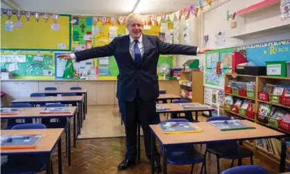  ?? Photograph: Lucy Young/Evening Standard/PA ?? Boris Johnson at St Joseph’s Catholic primary school in Upminster, east London. ‘Mr Johnson is right to say that there is a moral duty to get children safely back to school. But accomplish­ing that successful­ly will require engaging with and listening to teachers and parents.’