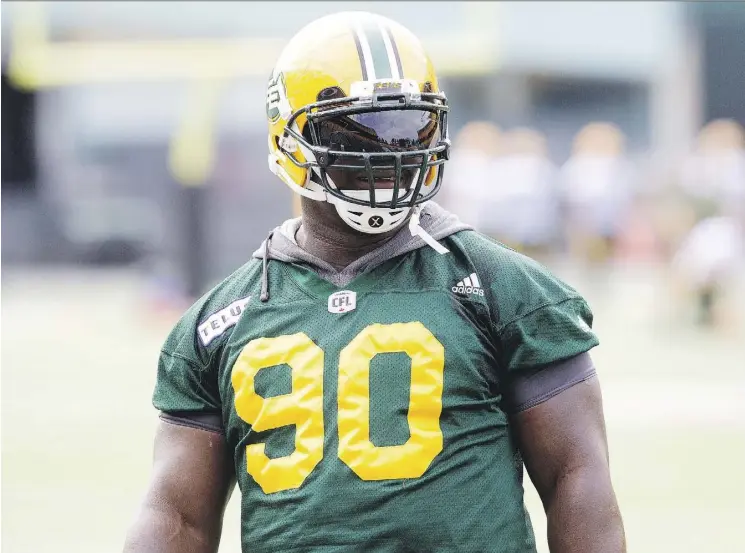  ?? DAVID BLOOM ?? Defensive tackle Almondo Sewell was happy that he was among five injured Eskimos who returned to practice on Monday at Commonweal­th Stadium.