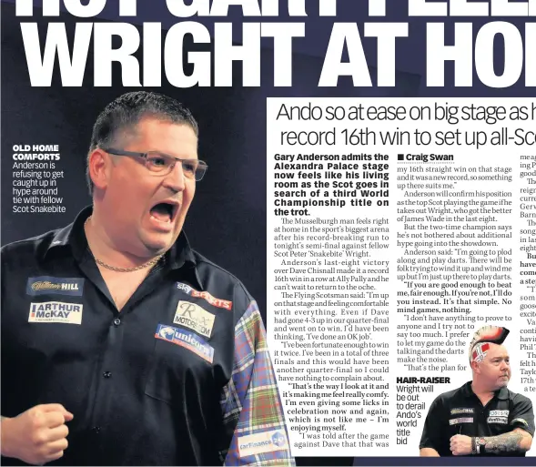  ??  ?? OLD HOME COMFORTS Anderson is refusing to get caught up in hype around tie with fellow Scot Snakebite HAIR-RAISER Wright will be out to derail Ando’s world title bid