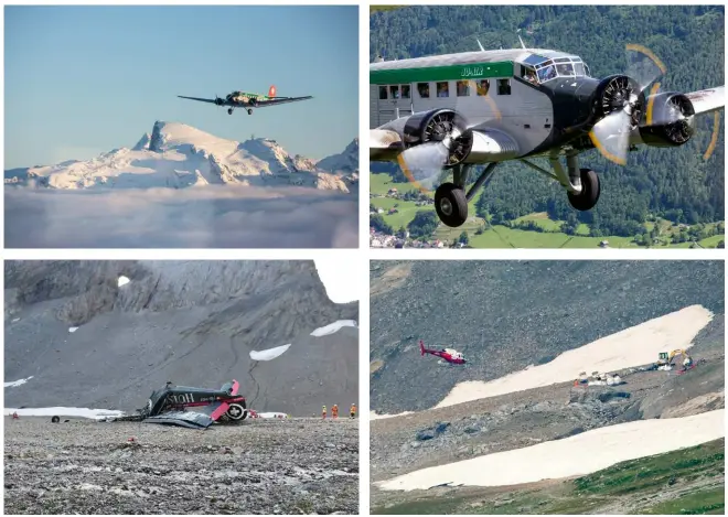  ?? JU-AIR / POLIZIA CANTONALE DEI GRIGIONI / KEYSTONE ?? Il velivolo d’epoca della Ju-Air si è schiantato sul versante occidental­e del Piz Segnas, sopra Flims, a 2’540 metri di altitudine