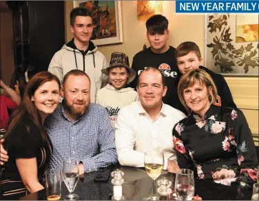  ??  ?? Denise and John McCarthy, Gavin, Donna, Jared and Dylan Wesley, Johnny and Jamie McCarthy, Mallow celebratin­g the New Year at Lord Kenmare’s Restaurant, College Street, Killarney. Photo: Michelle Cooper Galvin NEW YEAR FAMILY OUTING