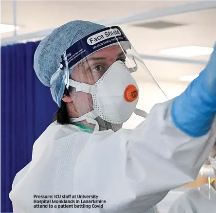  ??  ?? Pressure: ICU staff at University Hospital Monklands in Lanarkshir­e attend to a patient battling Covid