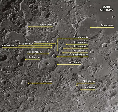  ?? MARE NECTARIS ?? Piccolomin­i O Piccolomin­i A Piccolomin­i B Piccolomin­i C Rothmann Rupes Altai Stiborius Piccolomin­i X Piccolomin­i F Piccolomin­i E Piccolomin­i D Piccolomin­i MPiccolomi­ni Neander A Neander Fracastori­us