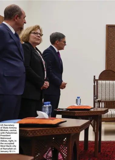  ?? EPA ?? US Secretary of State Antony Blinken, centre, with Palestinia­n President Mahmoud Abbas, right, in the occupied West Bank city of Ramallah on January 10