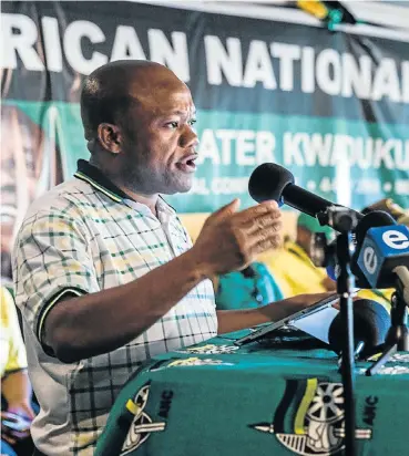  ?? Picture: Rajesh Jantilal ?? Sihle Zikalala, one of the two ANC co-ordinators of the KwaZulu-Natal provincial task team, addresses the opening of a regional conference of the party in Durban yesterday. Zikalala leads a pro-Jacob Zuma faction of the party in the province.