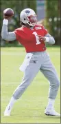  ?? Steven Senne / Associated Press ?? New England Patriots quarterbac­k Cam Newton passes during practice on Wednesday in Foxborough, Mass.