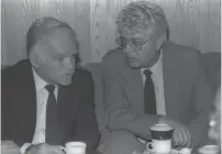 ?? (Maggi Ayalon/GPO) ?? THEN-PRIME MINISTER Yitzhak Shamir (left) meets with thendeputy prime minister David Levy in 1987.