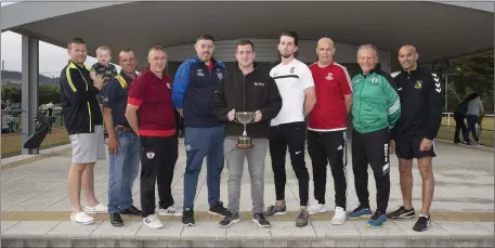  ??  ?? Managers Graaham O’Sullivan and his son Charlie (Bray AFC), Damien Griffin (Glencormac Utd), Kieran O’Brien (Ardmore Rovers), Clifton Conyard (Ashford Rovers), Richard Kavanagh Gaelic Plant Hire, Ian Jordan (Greystones AFC), Colm Lynch (Tek Utd), Lar Mahony (Enniskerry) YC, and Ken Laval (Knocklyon) at the launch of the Gaelic Plant Hire Cup.