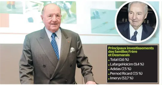  ?? PHOTOS AFP ET D’ARCHIVES, COURTOISIE ?? Albert Frère, alors PDG du Groupe Bruxelles Lambert (GBL), la société de portefeuil­le qu’il contr4lait avec la famille Desmarais, lors de l’assemblée annuelle de GBL en avril 2013. En médaillon, le multimilli­ardaire Paul Desmarais, décédé en octobre 2013.