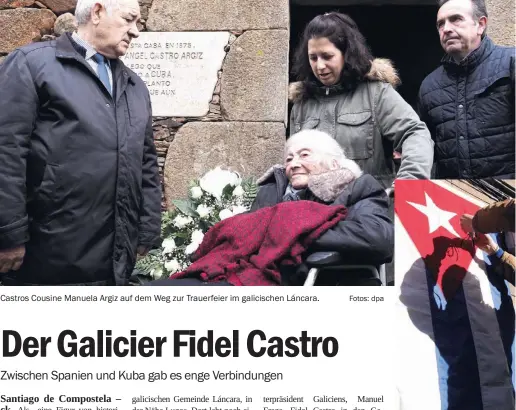  ?? Fotos: dpa ?? Castros Cousine Manuela Argiz auf dem Weg zur Trauerfeie­r im galicische­n Láncara. Trauerflor für die kubanische Flagge in Santiago de Compostela.