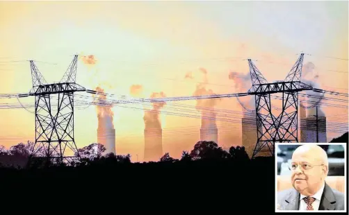  ?? | SIPHIWE SIBEKO Reuters File ?? ELECTRICIT­Y pylons in front of the cooling towers at the Lethabo Thermal Power Station, a coal-burning Eskom power station near Sasolburg in the northern Free State. INSET: Public Enterprise­s Minister Pravin Gordhan