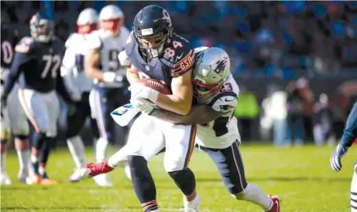  ?? AP ?? Tight end Ben Braunecker (84) called the Patriots’ blocked-punt TD a nightmare situation. He was beaten badly on the play by Dont’a Hightower, who got the block.