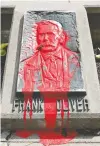  ?? DAVID BLOOM ?? Red paint has again been used to damage the Frank Oliver monument outside the Hotel Macdonald.