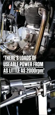  ??  ?? Engine internal finessing includes lightweigh­t valves and guides, plus ‘elephant’s foot’ tappets Twin cables operate the Robinson doubleside­d twin-leading-shoe front brake