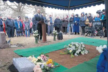  ?? ANTONIO PEREZ/CHICAGO TRIBUNE ?? Attorney General Curtis T. Hill Jr. speaks in February at the memorial graveside service at Southlawn Cemetery in South Bend, Indiana, for 2,411 aborted fetal remains that were discovered on the property of the late abortion doctor Ulrich Klopfer.