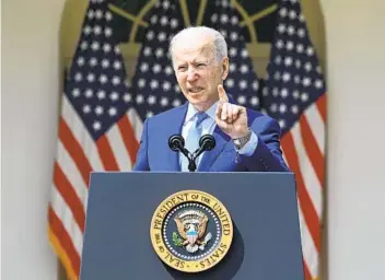  ?? BRENDAN SMIALOWSKI AFP VIA GETTY IMAGES ?? President Joe Biden discusses his administra­tion’s policies to address gun violence on Thursday. During the Rose Garden ceremony, the president called gun violence “an epidemic” in the country.