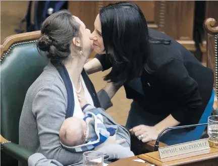  ?? PIERRE OBENDRAUF ?? Mayor Valérie Plante greets councillor Sophie Mauzerolle during Wednesday’s council meeting. The tax increase has been slammed by business groups and borough mayors, who, due to a lack of advance warning on the increase, have had to scramble to adjust...