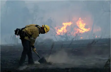  ??  ?? A FIREFIGHTE­R works to put out hot spots on a fast moving wind-driven wildfire in Orange, California Oct. 9.