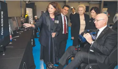  ??  ?? Governor-General David Hurley at Deakin University with, from left: Corangamit­e MP Libby Coker, IISRI director Saeid Nahavandi, acting vice-chancellor Julie Owens and the Governor's wife Linda.