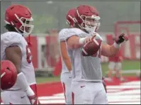  ?? NWA Democrat-Gazette/J.T. Wampler ?? CENTRAL OFFENSE: Arkansas senior center Hjalte Froholdt takes control of the offensive line during practice at the Razorbacks’ outdoor practice facility Tuesday.